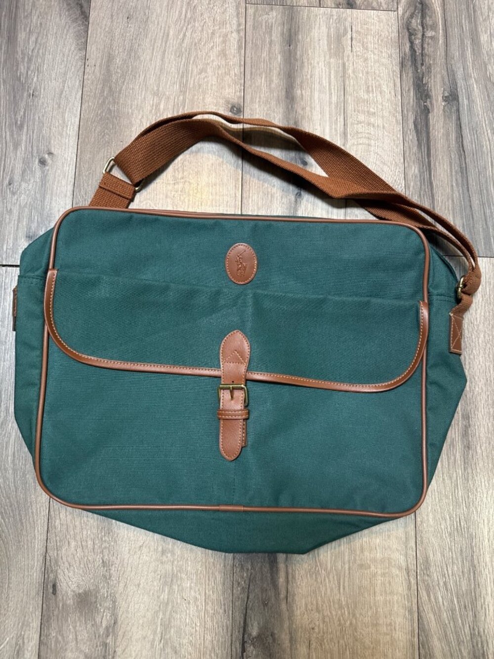 Ralph Lauren 1990's Green Canvas Messenger Bag With Leather Trim & Adjustable St
